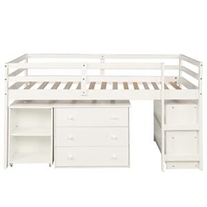 Harper & Bright Designs Twin Loft Bed with Desk, Low Study Loft Bed Frame with Storage Cabinet and Rolling Portable Desk for Kids and Teenagers, Twin Size, White