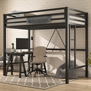 imusee loft bed frame for juniors&adults, metal loft bed twin size with safety guardrail&removable ladder, space-saving, noise free, matte black