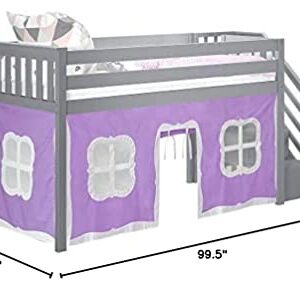 Max & Lily Low Loft Bed, Twin Bed Frame With Stairs and Curtains For Bottom, Grey/Purple