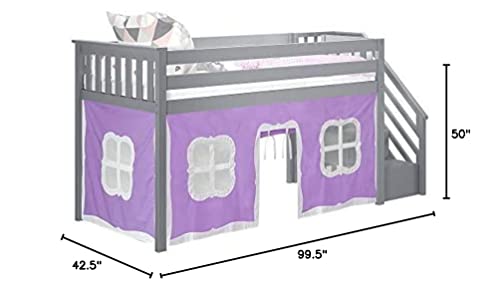 Max & Lily Low Loft Bed, Twin Bed Frame With Stairs and Curtains For Bottom, Grey/Purple