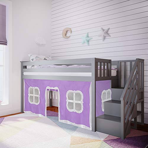 Max & Lily Low Loft Bed, Twin Bed Frame With Stairs and Curtains For Bottom, Grey/Purple