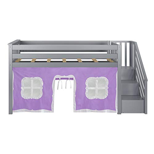 Max & Lily Low Loft Bed, Twin Bed Frame With Stairs and Curtains For Bottom, Grey/Purple