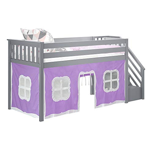 Max & Lily Low Loft Bed, Twin Bed Frame With Stairs and Curtains For Bottom, Grey/Purple