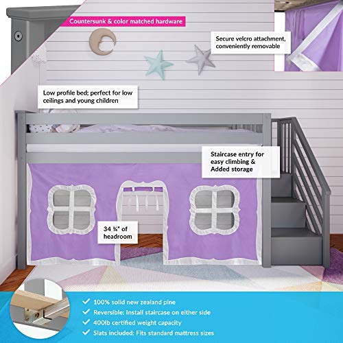 Max & Lily Low Loft Bed, Twin Bed Frame With Stairs and Curtains For Bottom, Grey/Purple