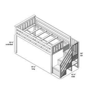 Max & Lily Low Loft Bed, Twin Bed Frame With Stairs and Curtains For Bottom, Grey/Purple