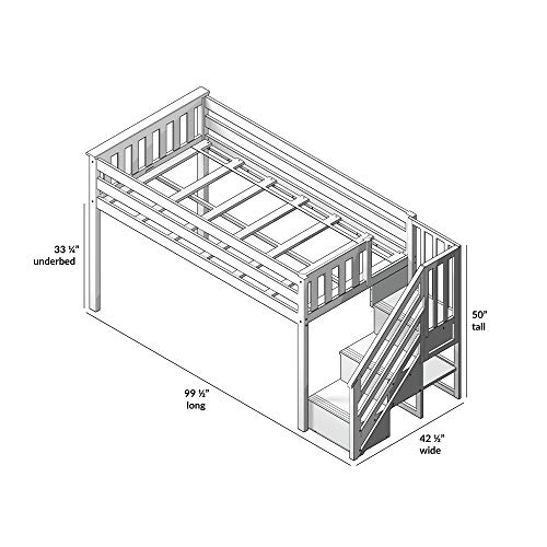 Max & Lily Low Loft Bed, Twin Bed Frame With Stairs and Curtains For Bottom, Grey/Purple