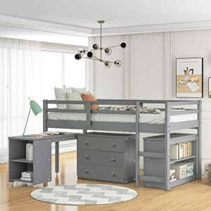 Harper & Bright Designs Low Loft Bed with Desk and Storage Drawers, Solid Wood Twin Loft Bed with Cabinet and Rolling Portable Desk - Gray