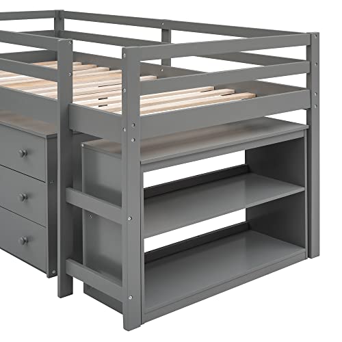 Harper & Bright Designs Low Loft Bed with Desk and Storage Drawers, Solid Wood Twin Loft Bed with Cabinet and Rolling Portable Desk - Gray