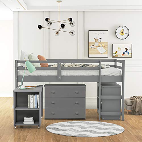 Harper & Bright Designs Low Loft Bed with Desk and Storage Drawers, Solid Wood Twin Loft Bed with Cabinet and Rolling Portable Desk - Gray