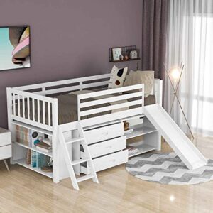 aty wooden twin size low loft bed, bedroom bunkbed frame with attached bookcases & separate 3-tier drawers, convertible ladder and slide, home furniture for saving space, white