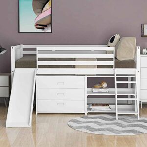 ATY Wooden Twin Size Low Loft Bed, Bedroom Bunkbed Frame with Attached Bookcases & Separate 3-Tier Drawers, Convertible Ladder and Slide, Home Furniture for Saving Space, White