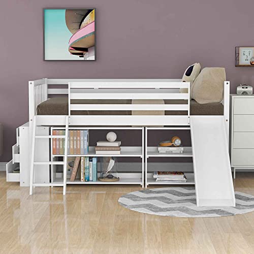 ATY Wooden Twin Size Low Loft Bed, Bedroom Bunkbed Frame with Attached Bookcases & Separate 3-Tier Drawers, Convertible Ladder and Slide, Home Furniture for Saving Space, White