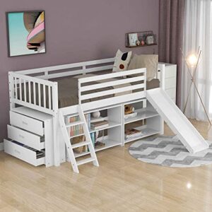 ATY Wooden Twin Size Low Loft Bed, Bedroom Bunkbed Frame with Attached Bookcases & Separate 3-Tier Drawers, Convertible Ladder and Slide, Home Furniture for Saving Space, White