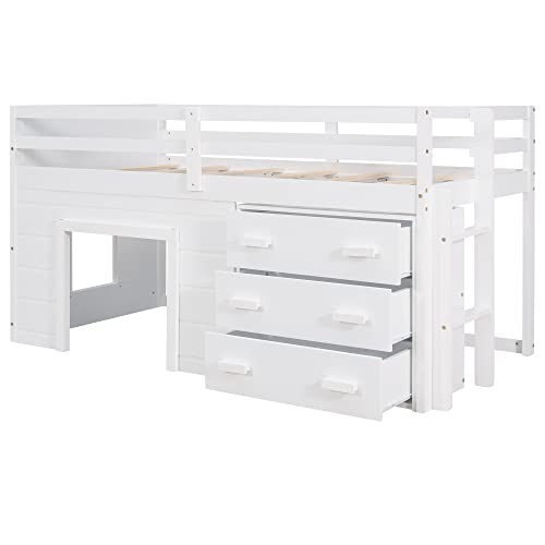 Harper & Bright Designs Low Loft Bed with Storage Drawers, Wood Twin Size Loft Bed with Cabinet, Shelf, Ladder, Safety Rail for Girls, Boys, Teen （White