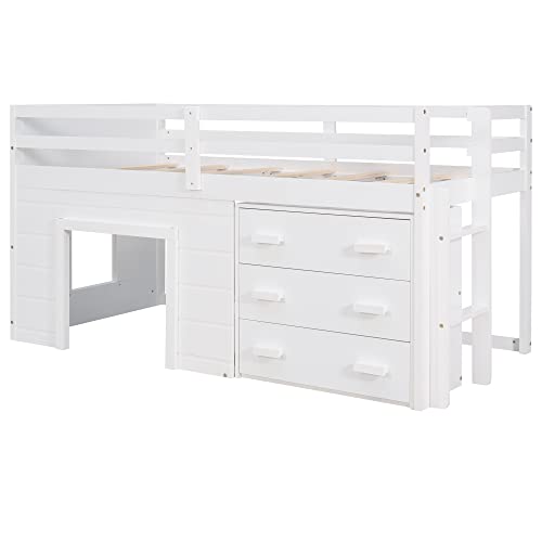 Harper & Bright Designs Low Loft Bed with Storage Drawers, Wood Twin Size Loft Bed with Cabinet, Shelf, Ladder, Safety Rail for Girls, Boys, Teen （White