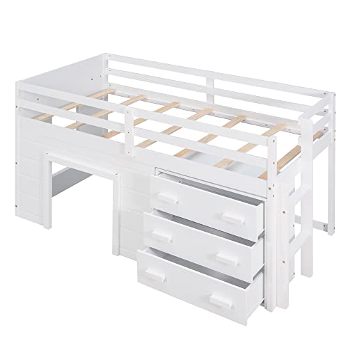 Harper & Bright Designs Low Loft Bed with Storage Drawers, Wood Twin Size Loft Bed with Cabinet, Shelf, Ladder, Safety Rail for Girls, Boys, Teen （White