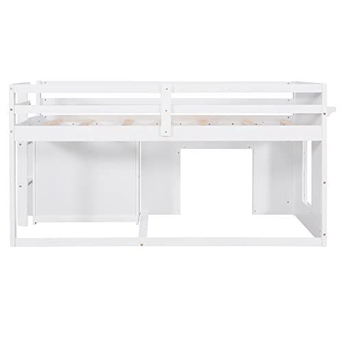 Harper & Bright Designs Low Loft Bed with Storage Drawers, Wood Twin Size Loft Bed with Cabinet, Shelf, Ladder, Safety Rail for Girls, Boys, Teen （White