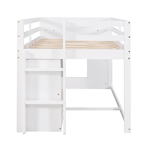 Harper & Bright Designs Low Loft Bed with Storage Drawers, Wood Twin Size Loft Bed with Cabinet, Shelf, Ladder, Safety Rail for Girls, Boys, Teen （White