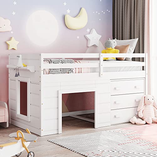 Harper & Bright Designs Low Loft Bed with Storage Drawers, Wood Twin Size Loft Bed with Cabinet, Shelf, Ladder, Safety Rail for Girls, Boys, Teen （White