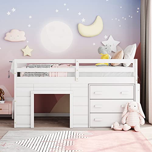 Harper & Bright Designs Low Loft Bed with Storage Drawers, Wood Twin Size Loft Bed with Cabinet, Shelf, Ladder, Safety Rail for Girls, Boys, Teen （White