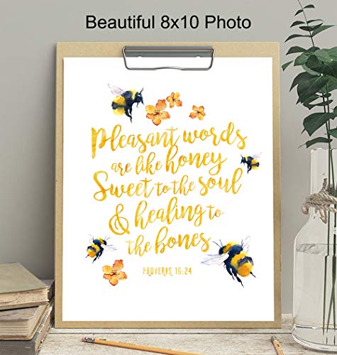 Honey Bee Decor - Bee Wall Decor - Bee Wall Art - Inspirational Religious Wall Decor - Proverbs Bible Study - Christian Gifts for Women - Bible Verses Wall Decor - Spiritual Holy Scriptures Wall Art