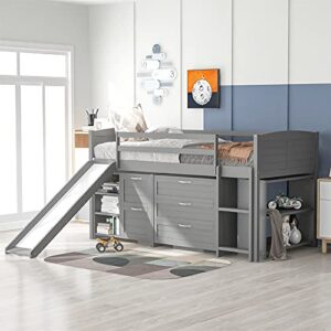low loft bed with slide and storage twin loft bed frame with cabinet drawers and book shelves, wooden loft beds for kids boys girls, gray