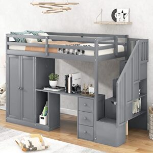 harper & bright designs twin size loft bed with stairs and wardrobe, solid wood loft bed with desk and storage drawers, cabinet, for kids teens adults (gray)