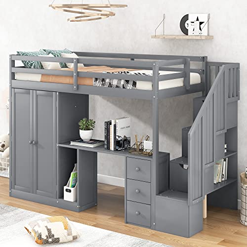 Harper & Bright Designs Twin Size Loft Bed with Stairs and Wardrobe, Solid Wood Loft Bed with Desk and Storage Drawers, Cabinet, for Kids Teens Adults (Gray)