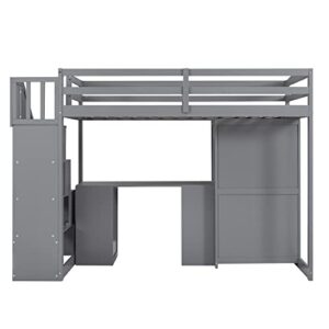 Harper & Bright Designs Twin Size Loft Bed with Stairs and Wardrobe, Solid Wood Loft Bed with Desk and Storage Drawers, Cabinet, for Kids Teens Adults (Gray)