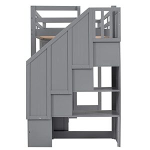 Harper & Bright Designs Twin Size Loft Bed with Stairs and Wardrobe, Solid Wood Loft Bed with Desk and Storage Drawers, Cabinet, for Kids Teens Adults (Gray)