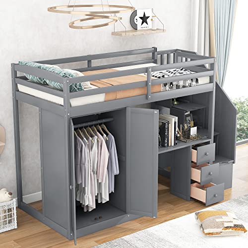 Harper & Bright Designs Twin Size Loft Bed with Stairs and Wardrobe, Solid Wood Loft Bed with Desk and Storage Drawers, Cabinet, for Kids Teens Adults (Gray)