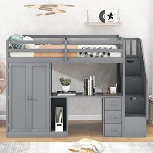 Harper & Bright Designs Twin Size Loft Bed with Stairs and Wardrobe, Solid Wood Loft Bed with Desk and Storage Drawers, Cabinet, for Kids Teens Adults (Gray)