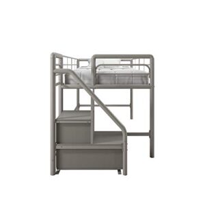 DHP Junior Twin Metal Loft Bed with Storage Steps, Multifunctional Space-Saving Solution - Silver with Gray Steps
