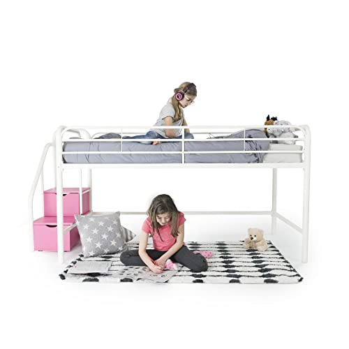 DHP Junior Twin Metal Loft Bed with Storage Steps, Multifunctional Space-Saving Solution - Silver with Gray Steps