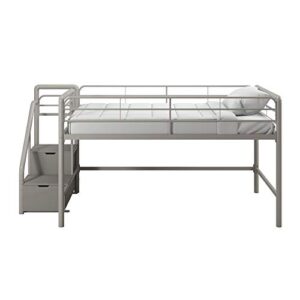 DHP Junior Twin Metal Loft Bed with Storage Steps, Multifunctional Space-Saving Solution - Silver with Gray Steps
