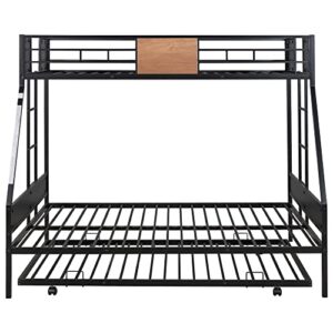 Rophefx Twin Over Full Bunk Bed with Trundle, Metal Bunkbed with Safety Rails and Ladders, Black