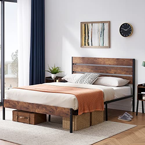 VECELO Platform Full Bed Frame with Rustic Vintage Wood Headboard, Mattress Foundation, Strong Metal Slats Support, No Box Spring Needed