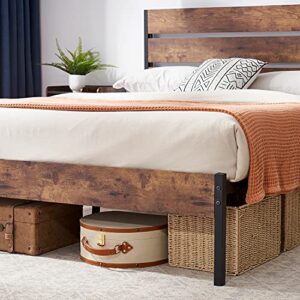 VECELO Platform Full Bed Frame with Rustic Vintage Wood Headboard, Mattress Foundation, Strong Metal Slats Support, No Box Spring Needed