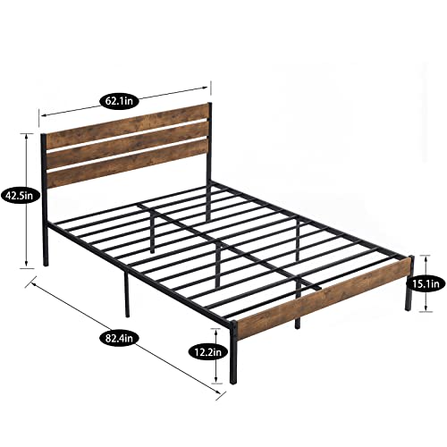 VECELO Platform Full Bed Frame with Rustic Vintage Wood Headboard, Mattress Foundation, Strong Metal Slats Support, No Box Spring Needed