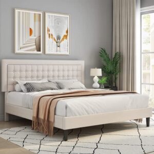 hifit queen bed frame, button tufted upholstered platform with adjustable headboard, mattress foundation with sturdy frame, no box spring needed, easy assembly, beige