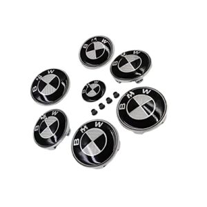 jianeryz 7pcs/set carbon fiber black and white for 4pcs 68mm wheel center caps ,82mm hood and 74mm trunk emblems, 45mm steering wheel emblem