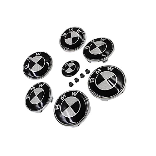 Jianeryz 7Pcs/Set Carbon Fiber Black and White for 4pcs 68mm Wheel Center Caps ,82mm Hood and 74mm Trunk Emblems, 45mm Steering Wheel Emblem