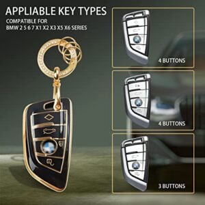 Key Fob Cover Case with Bling Keychain for BMW Accessories, Soft TPU Key Cover Compatible with 2 5 6 7 Series X1 X2 X3 X5 X6 (Black)