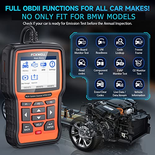 FOXWELL NT510 Elite OBD2 Scanner fit for BMW Full System Car Code Reader Diagnostic Tool with All Reset Services, Battery Registration ABS Bleed Airbag EPB Oil SAS TPS CKP Bidirectional Active Test