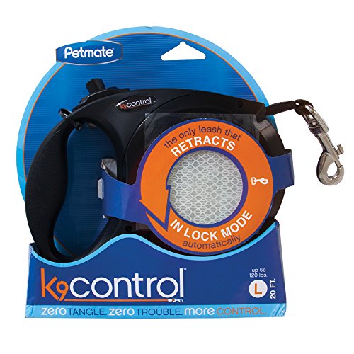 Petmate K9 Control Retractable Dog Walking Leash, Large, Up to 120lbs, 20’ tape, includes zeroslack technology allowing leash to retract while in locked position