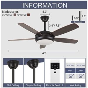 Surtime Black Ceiling Fans With Lights Remote Control, Modern Low Profile Ceiling Fan For Indoor Outdoor, 48In Ceiling Fan 5 Blades