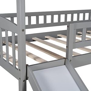 Harper & Bright Designs Twin Loft Bed with Slide, Solid Wood House Loft Bed with Ladder, Playhouse Bed for Kids Girls Boys (Gray)