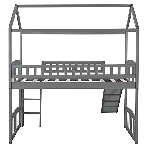 Harper & Bright Designs Twin Loft Bed with Slide, Solid Wood House Loft Bed with Ladder, Playhouse Bed for Kids Girls Boys (Gray)