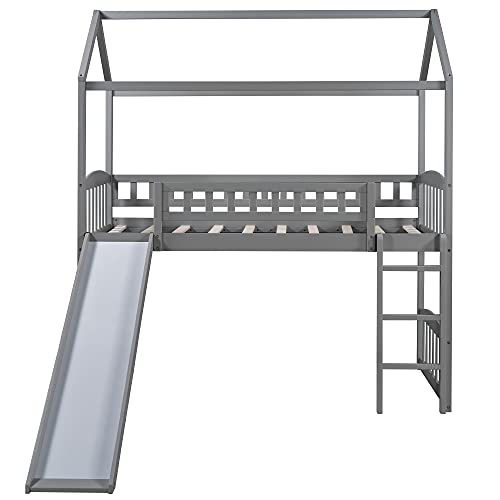 Harper & Bright Designs Twin Loft Bed with Slide, Solid Wood House Loft Bed with Ladder, Playhouse Bed for Kids Girls Boys (Gray)