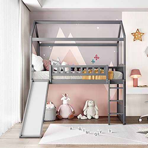 Harper & Bright Designs Twin Loft Bed with Slide, Solid Wood House Loft Bed with Ladder, Playhouse Bed for Kids Girls Boys (Gray)